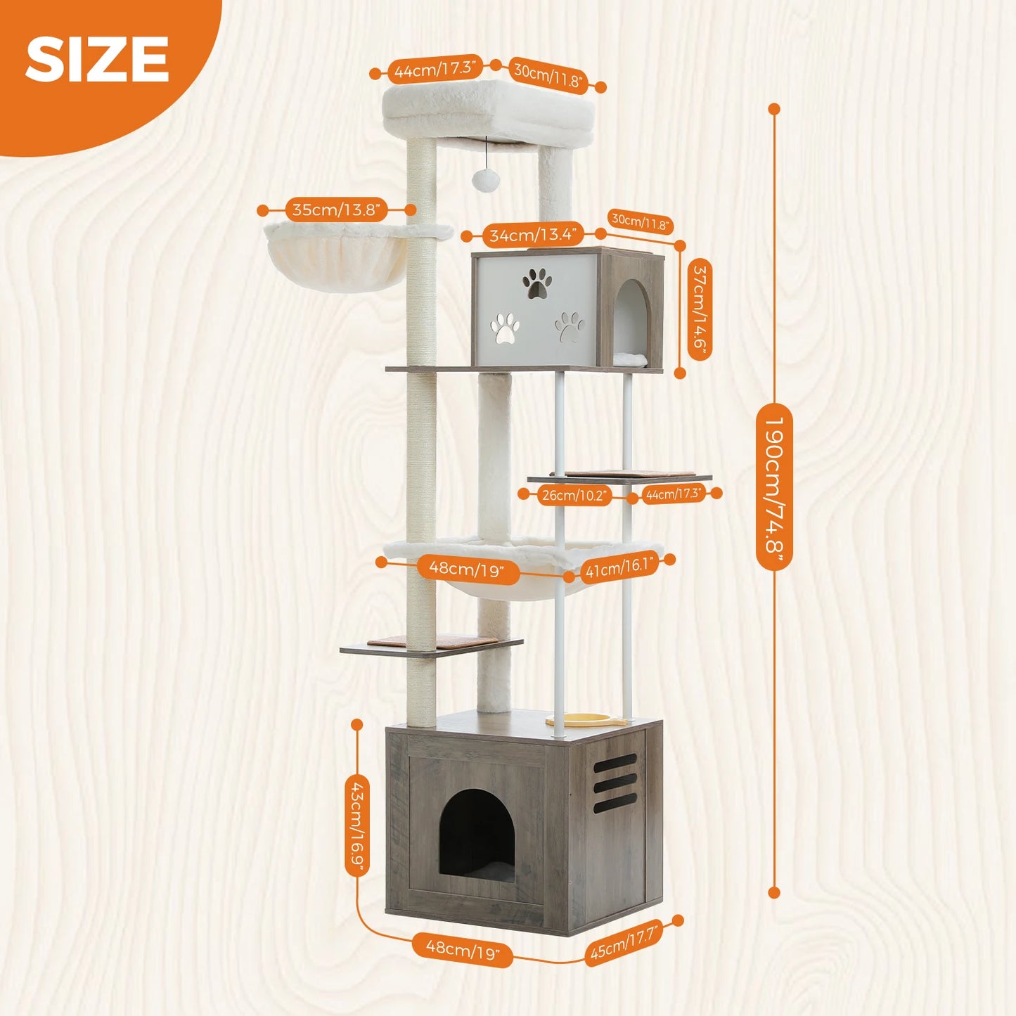 Wooden Cat Tree Tower with Feeding Station for Large Cats Spacious Condos Hammocks Steel and Sisal Posts Scratch Mat