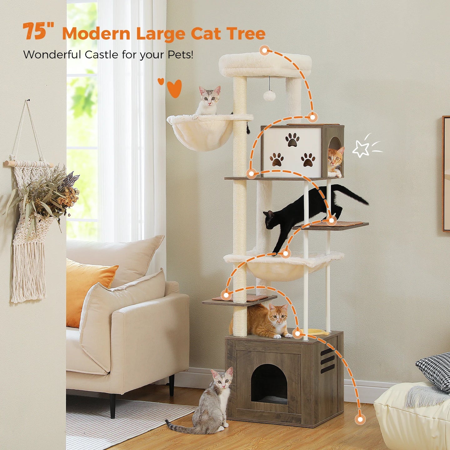 Wooden Cat Tree Tower with Feeding Station for Large Cats Spacious Condos Hammocks Steel and Sisal Posts Scratch Mat