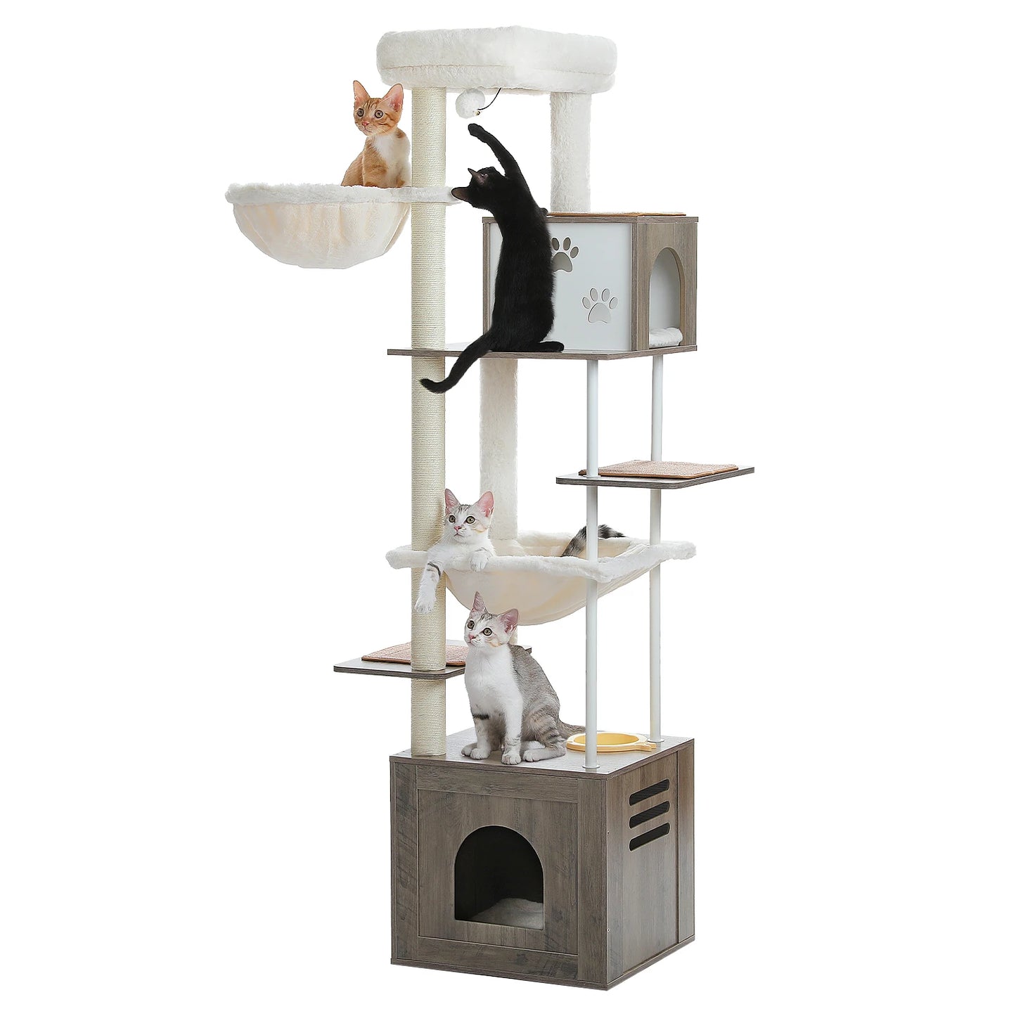 Wooden Cat Tree Tower with Feeding Station for Large Cats Spacious Condos Hammocks Steel and Sisal Posts Scratch Mat