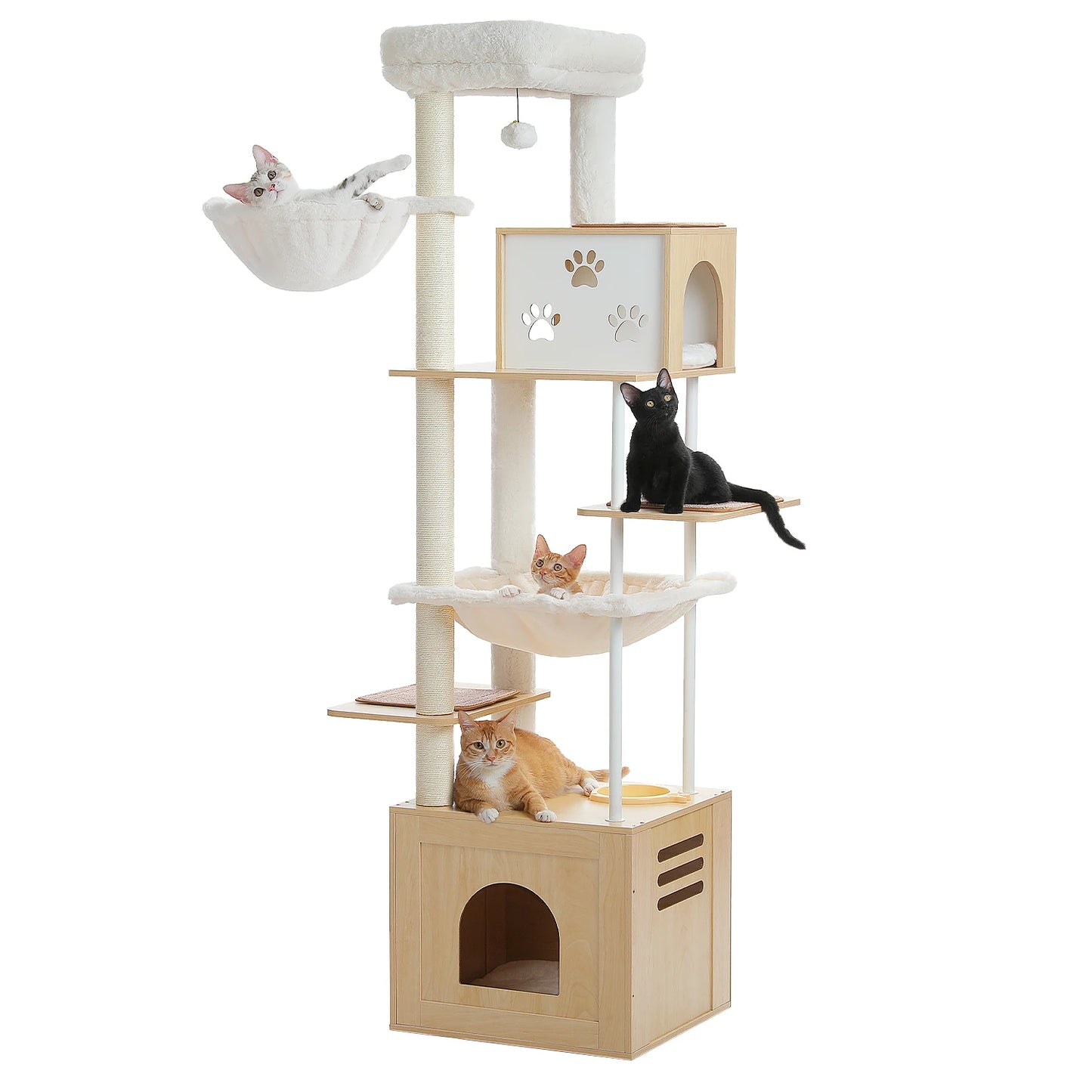 Wooden Cat Tree Tower with Feeding Station for Large Cats Spacious Condos Hammocks Steel and Sisal Posts Scratch Mat