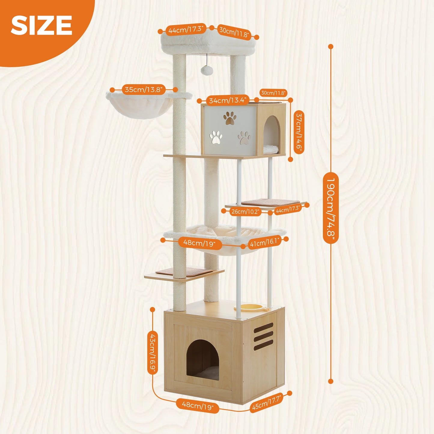 Wooden Cat Tree Tower with Feeding Station for Large Cats Spacious Condos Hammocks Steel and Sisal Posts Scratch Mat