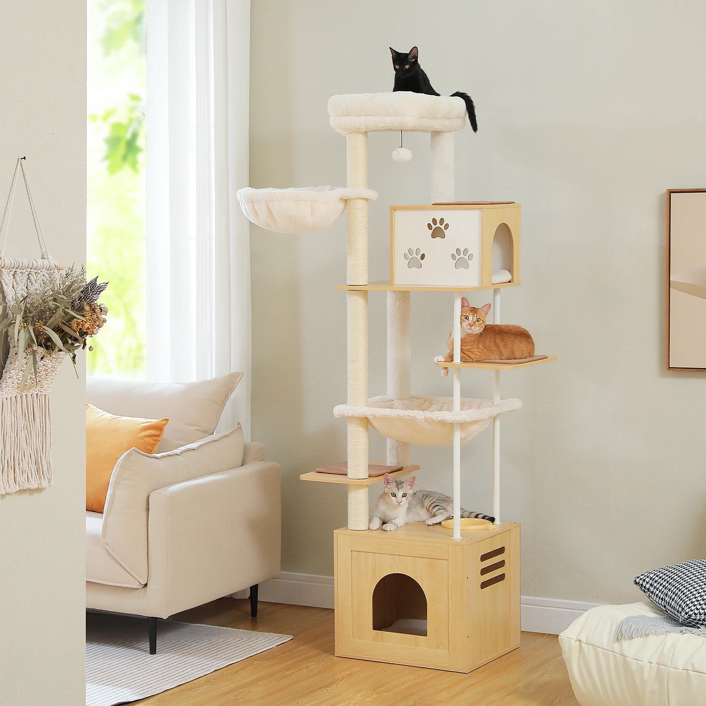 Wooden Cat Tree Tower with Feeding Station for Large Cats Spacious Condos Hammocks Steel and Sisal Posts Scratch Mat