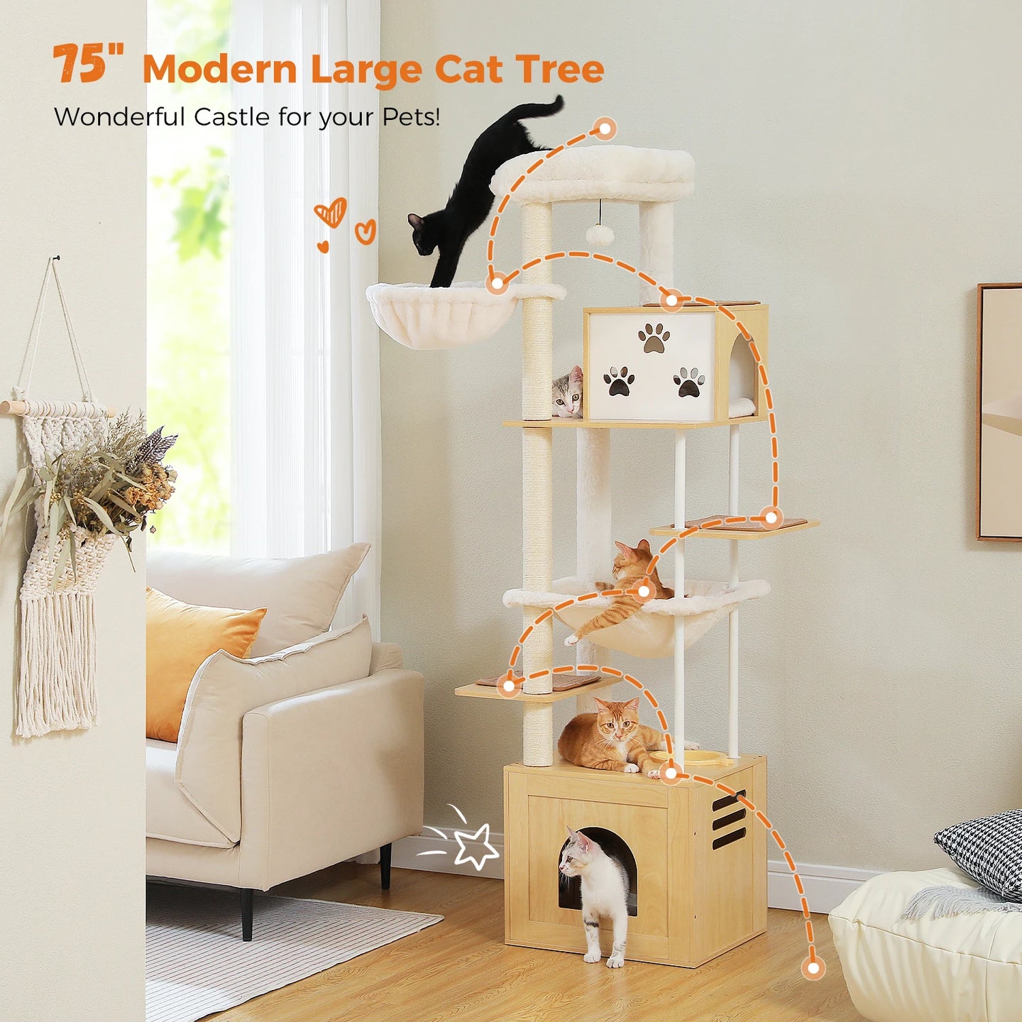 Wooden Cat Tree Tower with Feeding Station for Large Cats Spacious Condos Hammocks Steel and Sisal Posts Scratch Mat