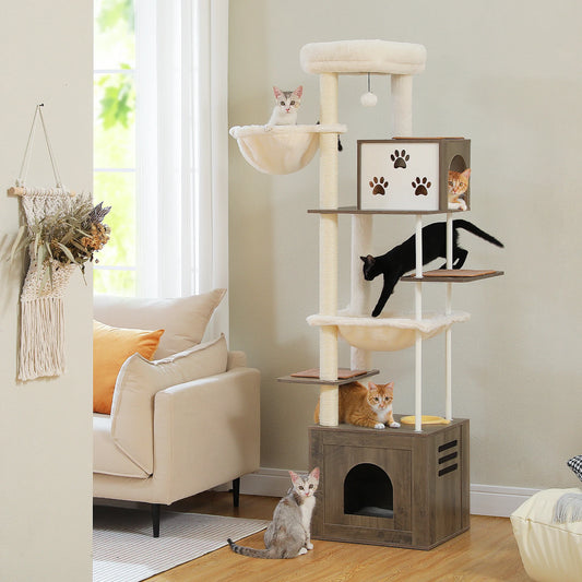 Wooden Cat Tree Tower with Feeding Station for Large Cats Spacious Condos Hammocks Steel and Sisal Posts Scratch Mat