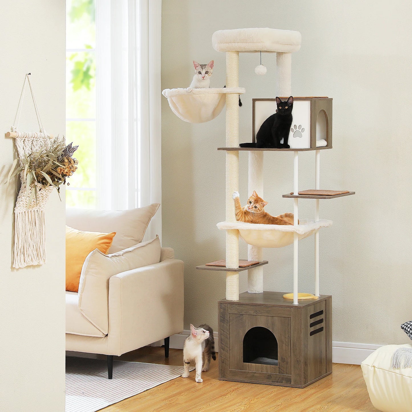 Wooden Cat Tree Tower with Feeding Station for Large Cats Spacious Condos Hammocks Steel and Sisal Posts Scratch Mat