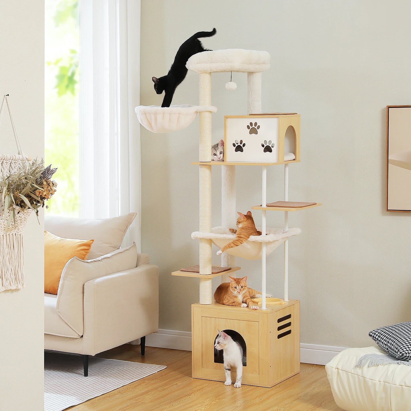 Wooden Cat Tree Tower with Feeding Station for Large Cats Spacious Condos Hammocks Steel and Sisal Posts Scratch Mat