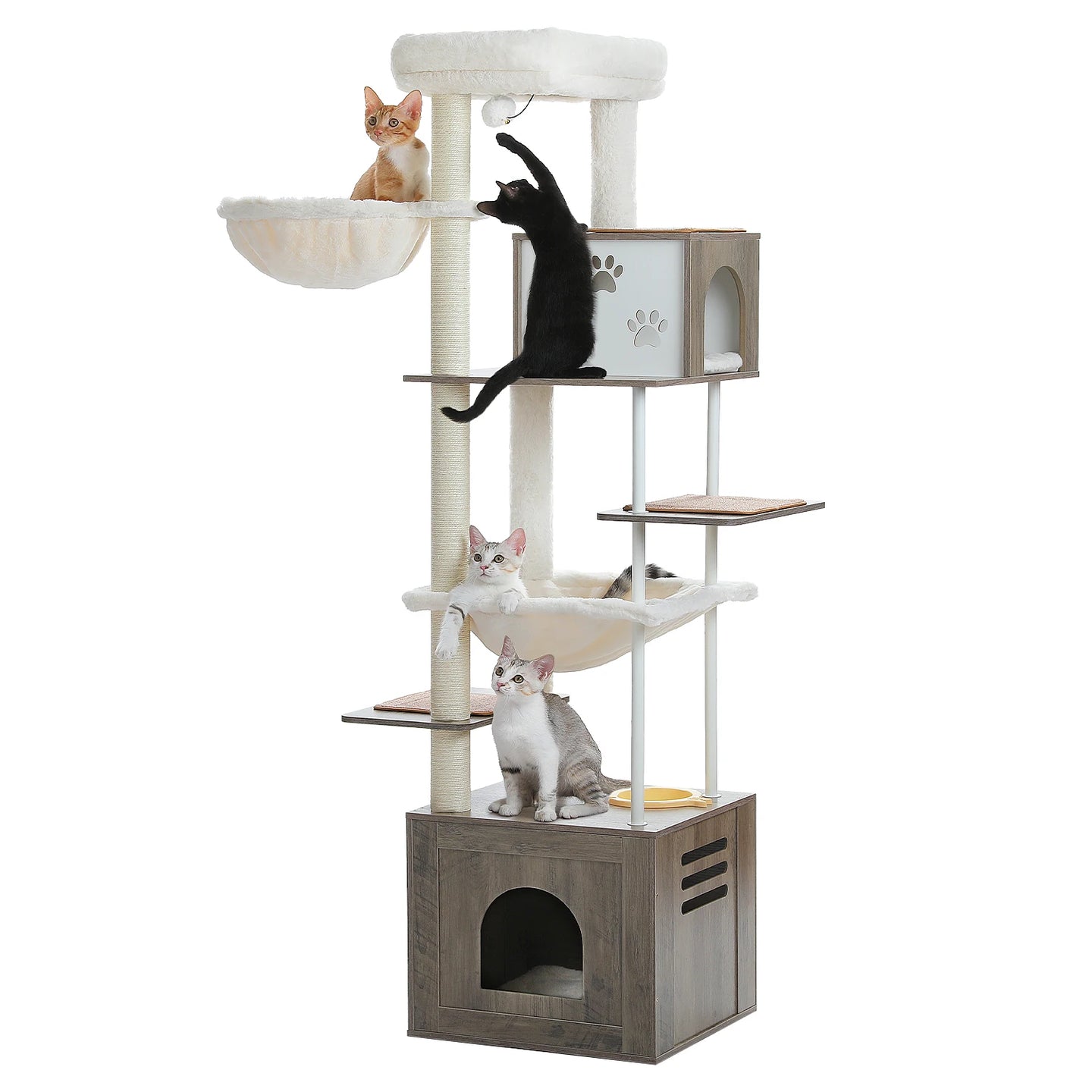 Wooden Cat Tree Tower with Feeding Station for Large Cats Spacious Condos Hammocks Steel and Sisal Posts Scratch Mat